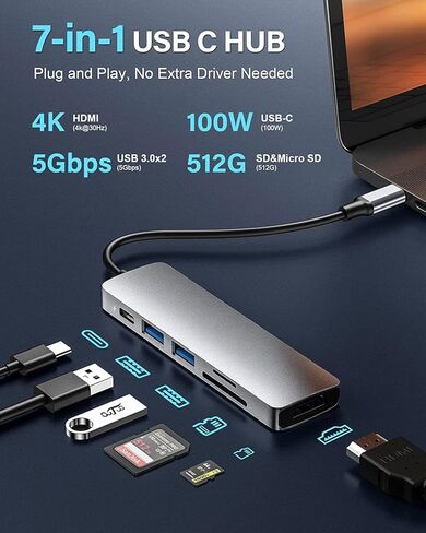 Powered USB c hub 4K 6in1 Docking Station with USB C Port Charging HDMI Adapter USB 3.0 HDMI Port Type C Hub Multiport Adapter for MacBook Mac Air/Pro iPad Laptop and Other USB C Devices…… in Saudi Arabia