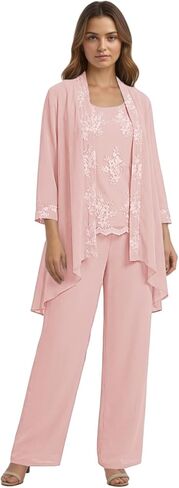 أنيقة 3 قطعة أم العروس بانت الدعاوى طويلة الأكمام الشيفون النساء Pantsuit الزفاف الرسمي ضيف مساء الزي in Kuwait