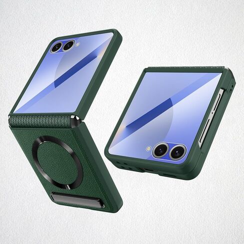 حافظة لهاتف Samsung Galaxy Z Flip 7 مع حماية مفصلة قابلة للسحب بنابض وواقي شاشة أمامي مدمج ومسند، مغناطيسي متوافق مع Magsafe. (أخضر اليشم) in Kuwait