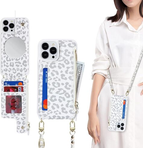 iPhone 12 Pro Max case with Credit Card Holder Phone Lanyard mag safe for Women, iPhone 12 Pro Max Phone Leather Case with Zipper Wallet Compatible Wallet Case-White Leopard in Kuwait