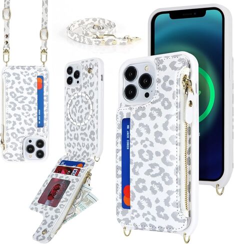 iPhone 12 Pro Max case with Credit Card Holder Phone Lanyard mag safe for Women, iPhone 12 Pro Max Phone Leather Case with Zipper Wallet Compatible Wallet Case-White Leopard in Kuwait