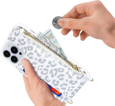 iPhone 12 Pro Max case with Credit Card Holder Phone Lanyard mag safe for Women, iPhone 12 Pro Max Phone Leather Case with Zipper Wallet Compatible Wallet Case-White Leopard in Kuwait