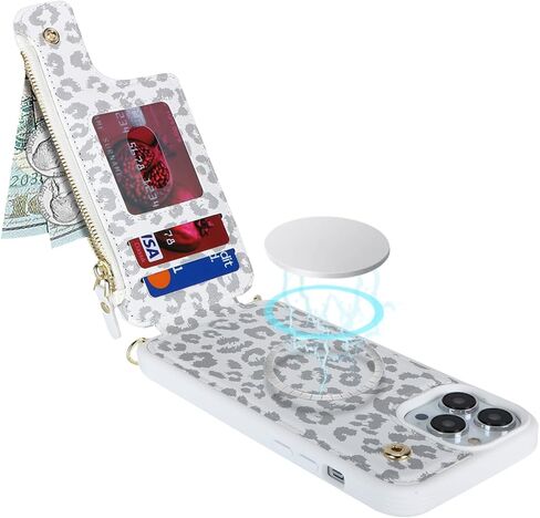 iPhone 12 Pro Max case with Credit Card Holder Phone Lanyard mag safe for Women, iPhone 12 Pro Max Phone Leather Case with Zipper Wallet Compatible Wallet Case-White Leopard in Kuwait