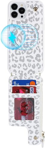 iPhone 12 Pro Max case with Credit Card Holder Phone Lanyard mag safe for Women, iPhone 12 Pro Max Phone Leather Case with Zipper Wallet Compatible Wallet Case-White Leopard in Kuwait
