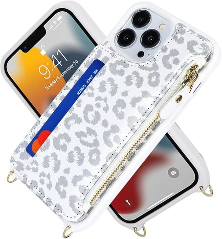 iPhone 12 Pro Max case with Credit Card Holder Phone Lanyard mag safe for Women, iPhone 12 Pro Max Phone Leather Case with Zipper Wallet Compatible Wallet Case-White Leopard in Kuwait