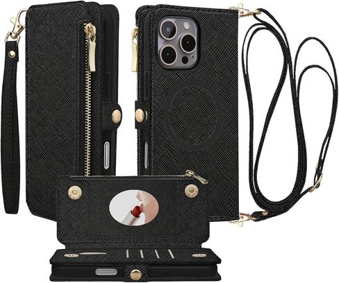 حافظة محفظة كروس لهاتف آيفون 17 برو ماكس مع مرآة، حزام معصم، محفظة بسحاب قابلة للفصل، حامل بطاقات مغناطيسي قابل للطي RFID، حافظة شحن لاسلكية 6.9 بوصة للسيدات (أسود لامع) in Kuwait