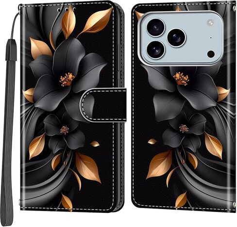 حافظة محفظة لهاتف iPhone 17 Pro، [مسند] حامل 3 بطاقات [غلاف داخلي من مادة TPU مقاوم للصدمات]، غطاء قلاب واقٍ مغناطيسي من جلد البولي يوريثان مقاس 6.3 بوصات، زهرة سوداء in Saudi Arabia