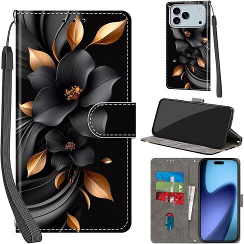 حافظة محفظة لهاتف iPhone 17 Pro، [مسند] حامل 3 بطاقات [غلاف داخلي من مادة TPU مقاوم للصدمات]، غطاء قلاب واقٍ مغناطيسي من جلد البولي يوريثان مقاس 6.3 بوصات، زهرة سوداء in Saudi Arabia