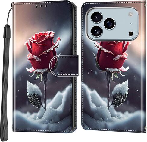 حافظة محفظة لهاتف iPhone 17 Pro، [مسند] حامل 3 بطاقات [غلاف داخلي من مادة TPU مقاوم للصدمات]، غطاء قلاب واقٍ مغناطيسي من جلد البولي يوريثان مقاس 6.3 بوصات، زهرة سوداء in Saudi Arabia