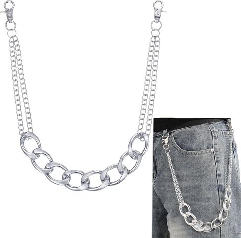 Quelay Trousers Chain Wallet Chainhip Hop Pants Wallet Layered Pants Silver Jeans Chain Heavy Duty Pocket for Men and Women in Saudi Arabia