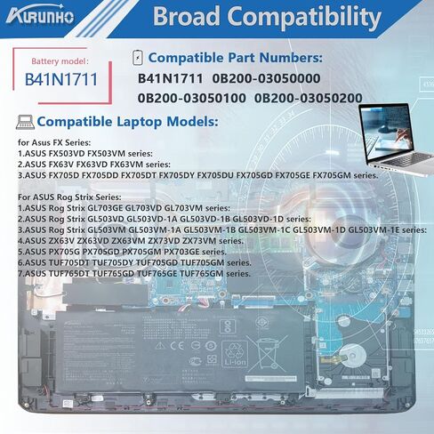 B41N1711 64Wh Laptop Battery Replacement for Asus FX503VD FX503VM FX63V FX63VD FX63VM ROG Strix GL703GE GL503VD GL503VM ZX63V PX705G TUF705DT TUF765DT Series 15.2V (Long Line) in Saudi Arabia