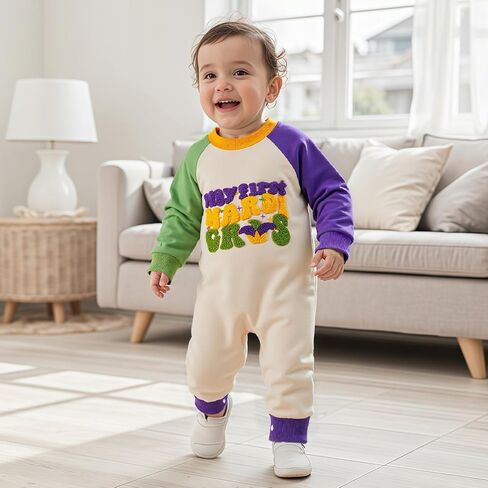 Bagilaanoe Baby Boy Mardi Gras Outfit Letter Purple Green Yellow Long Sleeve Romper Jumpsuit One Piece Clothes in Saudi Arabia