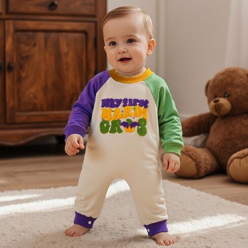 Bagilaanoe Baby Boy Mardi Gras Outfit Letter Purple Green Yellow Long Sleeve Romper Jumpsuit One Piece Clothes in Saudi Arabia