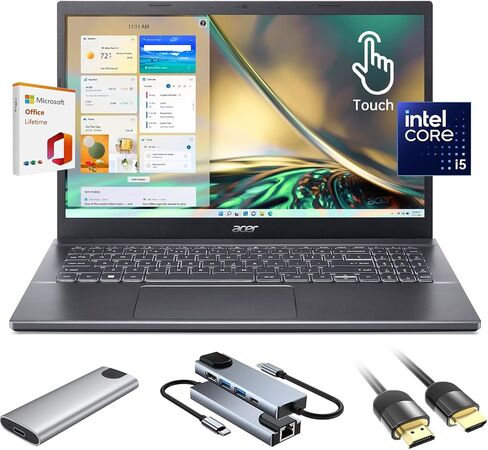 كمبيوتر محمول acer Aspire 5، كمبيوتر محمول بشاشة لمس FHD IPS مقاس 15.6 بوصة للطلاب والأعمال، Intel Core i5-13420H، ذاكرة الوصول العشوائي LPDDR5 سعة 8 جيجابايت، SSD 512 جيجابايت، كاميرا ويب، Wi-Fi 6، HDMI، مع ملحق، مع مكتب مدى الحياة Win 11 Home in Kuwait