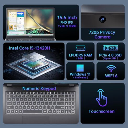 كمبيوتر محمول acer Aspire 5، كمبيوتر محمول بشاشة لمس FHD IPS مقاس 15.6 بوصة للطلاب والأعمال، Intel Core i5-13420H، ذاكرة الوصول العشوائي LPDDR5 سعة 8 جيجابايت، SSD 512 جيجابايت، كاميرا ويب، Wi-Fi 6، HDMI، مع ملحق، مع مكتب مدى الحياة Win 11 Home in Kuwait