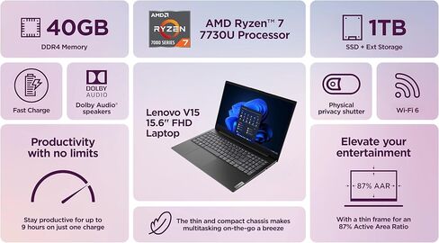 كمبيوتر محمول Lenovo V15 الرائد لطلاب الأعمال لعام 2025، شاشة FHD مقاس 15.6 بوصة، وحدة معالجة مركزية AMD Ryzen 7 ثماني النواة، ذاكرة وصول عشوائي 40 جيجابايت + تخزين 1 تيرابايت (512 جيجابايت SSD + 500 جيجابايت تحويلة)، RJ45، MarxsolAccessory، مدى الحياة MS in Kuwait