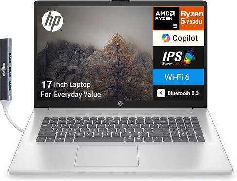 كمبيوتر محمول HP 17 ذو قيمة يومية مقاس 17.3 بوصة IPS FHD (AMD Ryzen 5 7520U، 8 جيجابايت LPDDR5، 512 جيجابايت SSD، AMD Radeon، WiFi 6، كاميرا ويب، بلوتوث 5.3، Win 11 Home) مع موسع منفذ USB DKZ in Kuwait