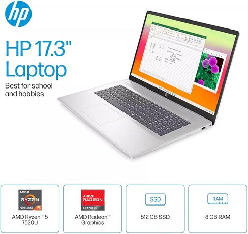 HP 17 Everyday Value Laptop 17.3" IPS FHD Display (AMD Ryzen 5 7520U, 8GB LPDDR5, 512GB SSD, AMD Radeon, WiFi 6, Webcam, Bluetooth 5.3, Win 11 Home) w/DKZ USB Port Expander in Saudi Arabia