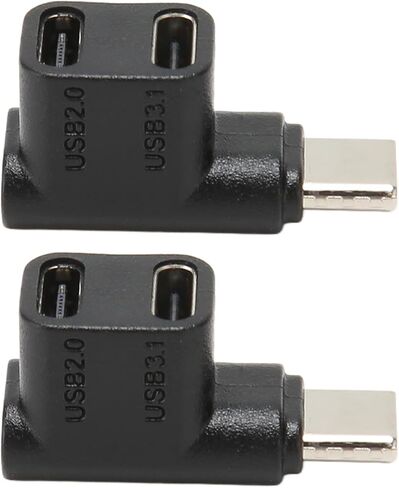 2 قطعة 1 إلى 2 USB C 3.1 محول زاوية 90 درجة، 10 جيجابت في الثانية USB 3. نوع C ذكر إلى USBC C2.0 موصل زاوية قائمة أنثى مزدوج، محول شحن 100 وات in Kuwait