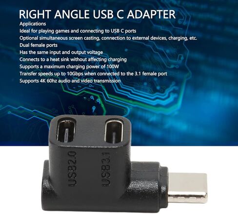 2 قطعة 1 إلى 2 USB C 3.1 محول زاوية 90 درجة، 10 جيجابت في الثانية USB 3. نوع C ذكر إلى USBC C2.0 موصل زاوية قائمة أنثى مزدوج، محول شحن 100 وات in Kuwait
