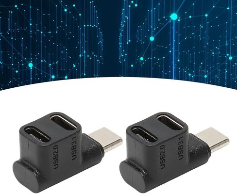 2 قطعة 1 إلى 2 USB C 3.1 محول زاوية 90 درجة، 10 جيجابت في الثانية USB 3. نوع C ذكر إلى USBC C2.0 موصل زاوية قائمة أنثى مزدوج، محول شحن 100 وات in Kuwait