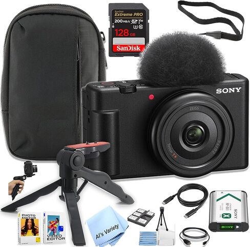 كاميرا Sony ZV-1F Vlog لمنشئي المحتوى ومدوني الفيديو + ذاكرة Extreme PRO سعة 128 جيجابايت + حافظة، وقبضة، وحزمة البرامج (الحزمة الأساسية) (متجددة) in Saudi Arabia
