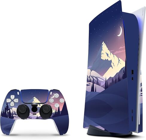 ZOOMHITSKINS متوافق مع بشرة PS5، منظر طبيعي للجبال الزرقاء والثلج والقمر السماء، متين، خالي من الفقاعات، إصدار مع قرص، مقطوع بدقة in Saudi Arabia