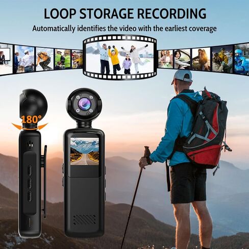 Vikye 1080P WiFi Body Action Camera, 180 Rotatable Lens Video Recorder with 1.5 Inch Screen and Night Vision, for Cycling Law Enforcement Outdoor in Saudi Arabia