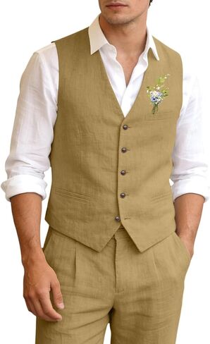 Men's Linen Suits 2 Piece Slim Fit Suit Prom Beach Wedding Groomsman Vest Pants Set Casual Summer Linen Outfit in Saudi Arabia