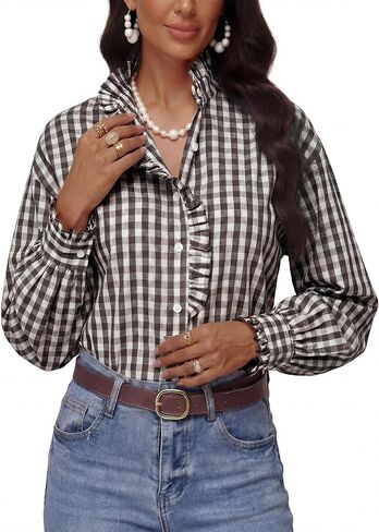 Womens Plaid Ruffle Collar V Neck Button Down Blouse Long Sleeve Gingham Shirts Retro Casual Work Checkered Tops in Saudi Arabia