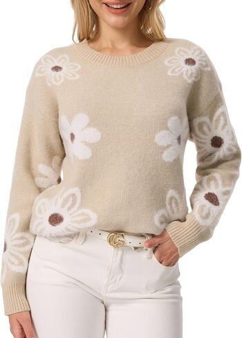 Womens Long Sleeve Floral Graphic Sweaters, Crewneck Ribbed Knit Pullover Tops Loose Fit Trendy Casual Outfits in Saudi Arabia