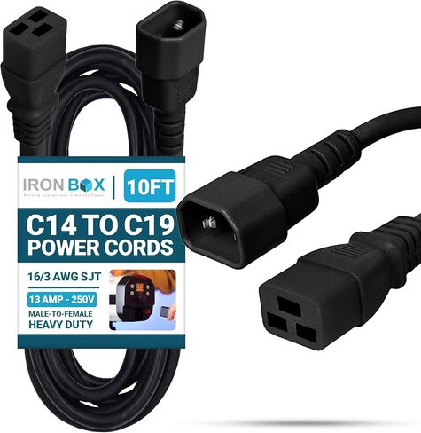 IronBox Electric C14 to C19 Power Cords - 13A, 250V, 16/3 AWG SJT - UL Listed Power Supply Cable - Heavy Duty Power Cord Extension for Computer, Monitor, PDU, Desktop, Audio and More (10 ft, Black) in Saudi Arabia