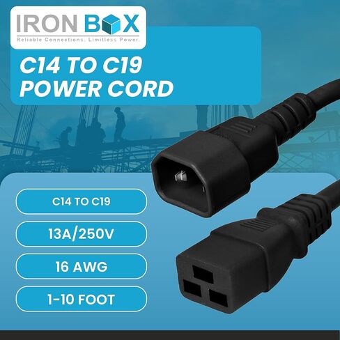 IronBox Electric C14 to C19 Power Cords - 13A, 250V, 16/3 AWG SJT - UL Listed Power Supply Cable - Heavy Duty Power Cord Extension for Computer, Monitor, PDU, Desktop, Audio and More (10 ft, Black) in Saudi Arabia