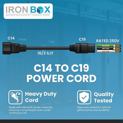IronBox Electric C14 to C19 Power Cords - 13A, 250V, 16/3 AWG SJT - UL Listed Power Supply Cable - Heavy Duty Power Cord Extension for Computer, Monitor, PDU, Desktop, Audio and More (10 ft, Black) in Saudi Arabia