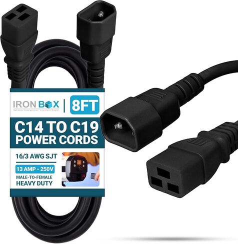 IronBox Electric C14 to C19 Power Cords - 13A, 250V, 16/3 AWG SJT - UL Listed Power Supply Cable - Heavy Duty Power Cord Extension for Computer, Monitor, PDU, Desktop, Audio and More (10 ft, Black) in Saudi Arabia