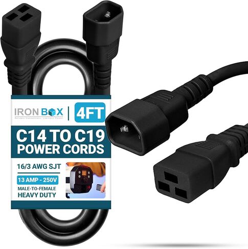 IronBox Electric C14 to C19 Power Cords - 13A, 250V, 16/3 AWG SJT - UL Listed Power Supply Cable - Heavy Duty Power Cord Extension for Computer, Monitor, PDU, Desktop, Audio and More (10 ft, Black) in Saudi Arabia
