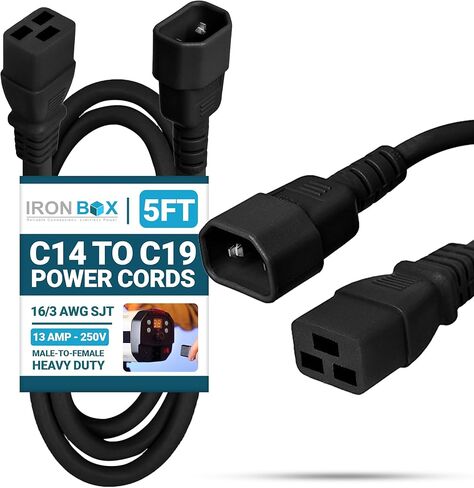 IronBox Electric C14 to C19 Power Cords - 13A, 250V, 16/3 AWG SJT - UL Listed Power Supply Cable - Heavy Duty Power Cord Extension for Computer, Monitor, PDU, Desktop, Audio and More (10 ft, Black) in Saudi Arabia