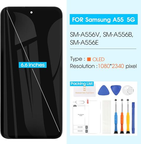 استبدال شاشة OLED لهاتف Samsung Galaxy A55 5G A556 LCD - لجهاز Galaxy A55 5G LCD محول رقمي لشاشة اللمس A556B SM-A556B/DS SM-A556E مجموعة أدوات تجميع المستشعر الزجاجي (مع إطار، يدعم بصمة الإصبع) in Kuwait