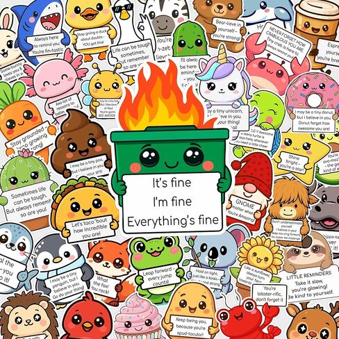 Dumpster Fire Stickers - 50PCS Emotional Support Stickers, Cute Inspirational Vinyl Stickers Pack for Water Bottle Laptop - Motivational Affirmation Gifts for Kids Teens Adults in Kuwait