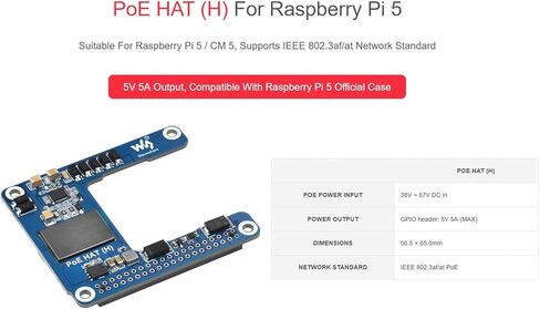 Power Over Ethernet (PoE) HAT for Raspberry Pi 5 / CM5, 802.3af/at PoE Network Standard, 5V 5A Output, Isolated Switched-Mode Power Supply, Compatible with Pi5 Official Case and Active Cooler in Saudi Arabia