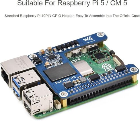 Power Over Ethernet (PoE) HAT for Raspberry Pi 5 / CM5, 802.3af/at PoE Network Standard, 5V 5A Output, Isolated Switched-Mode Power Supply, Compatible with Pi5 Official Case and Active Cooler in Saudi Arabia