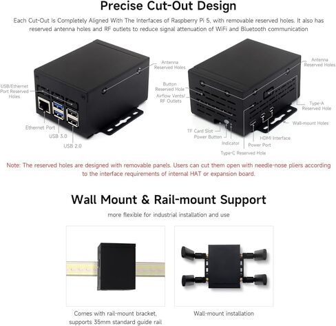 Industrial Grade Metal Case (D) for Raspberry Pi 5 Supports Installing Official Cooling Fan and Various Hats, Larger Internal Space, Wall-Mount and Rail-Mount Support (PI5-CASE-D) in Saudi Arabia