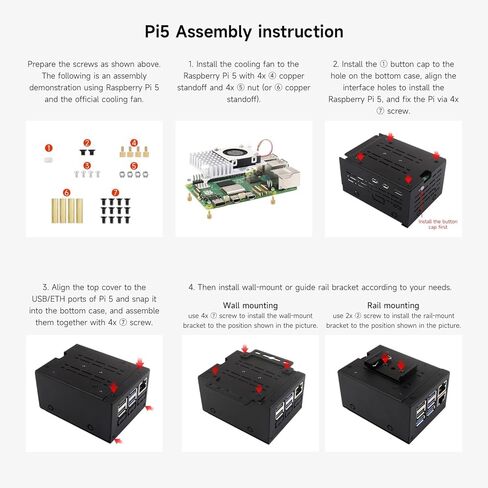 Industrial Grade Metal Case (D) for Raspberry Pi 5 Supports Installing Official Cooling Fan and Various Hats, Larger Internal Space, Wall-Mount and Rail-Mount Support (PI5-CASE-D) in Saudi Arabia