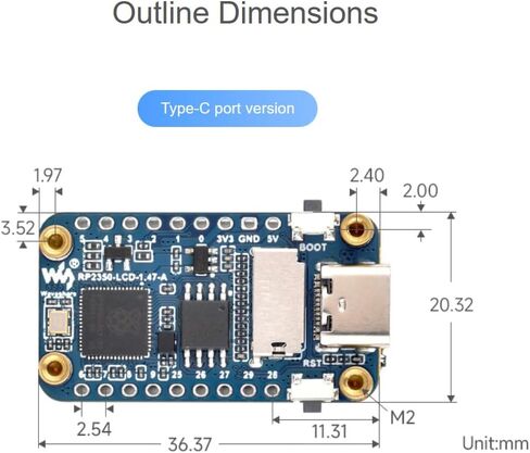 RP2350 1.47inch LCD Display Development Board Based on Raspberry Pi RP2350 Microcontroller, with Onboard 1.47inch LCD 172×320 Pixels 262K Color Display, Colorful RGB LED, etc., Type-C USB Port in Saudi Arabia