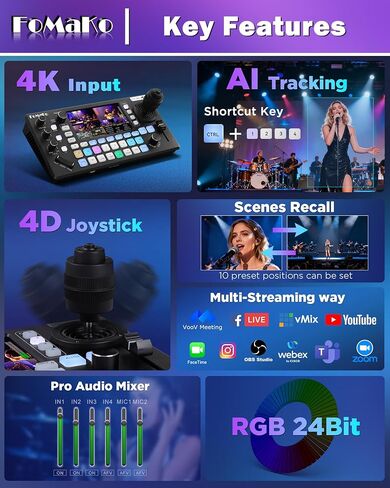 كاميرا FoMaKo 60FPS 4K NDI PTZ، تكبير بصري 20X، يدعم NDI 4K 60 إطارًا في الثانية، مفتاح فيديو KC800 HDMI مع وحدة تحكم PTZ مدمجة، للكنيسة، العبادة، (K820N x2 + KC800) in Saudi Arabia