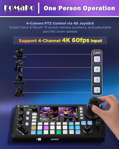 كاميرا FoMaKo 60FPS 4K NDI PTZ، تكبير بصري 20X، يدعم NDI 4K 60 إطارًا في الثانية، مفتاح فيديو KC800 HDMI مع وحدة تحكم PTZ مدمجة، للكنيسة، العبادة، (K820N x2 + KC800) in Saudi Arabia