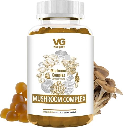 VITA GLOBE Mushroom Complex Gummies - 250 مجم مع الريشي، عرف الأسد، تشاجا، كورديسيبس والمزيد | مكمل يومي للدفاع المناعي والطاقة ودعم وظائف المخ - 60 قطعة (عبوة من قطعة واحدة) in Kuwait