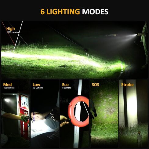 مصباح يدوي V6 1300 لومن قابل لإعادة الشحن، مصابيح LED مدمجة وقوية مع شحن سريع من النوع C، مؤشر البطارية الذكي، 6 أوضاع إضاءة، IP68 مقاوم للماء للخارج، والتخييم، والطوارئ in Kuwait