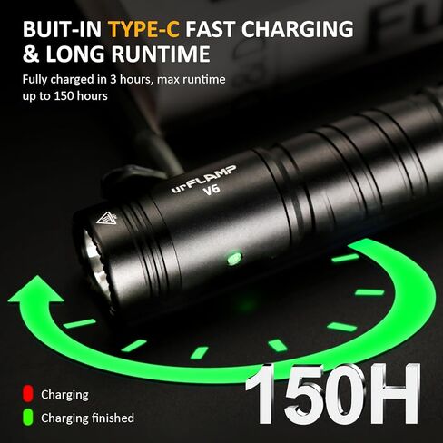 مصباح يدوي V6 1300 لومن قابل لإعادة الشحن، مصابيح LED مدمجة وقوية مع شحن سريع من النوع C، مؤشر البطارية الذكي، 6 أوضاع إضاءة، IP68 مقاوم للماء للخارج، والتخييم، والطوارئ in Kuwait