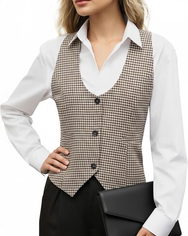 ELLEVEN Women‘s U-Neck Plaid Vest - Slimming Fitted Sleeveless Top with Lining for Business Casual in Saudi Arabia